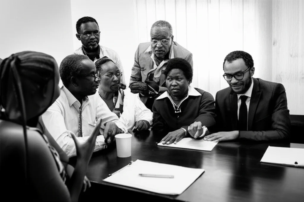 Ritratto fotografico di un gruppo diversificato di professionisti della salute kenioti (ottici, oftalmologi, infermieri) che discutono animatamente attorno a un tavolo, ambiente interno luminoso, obiettivo 35mm, bianco e nero, profondità di campo media.