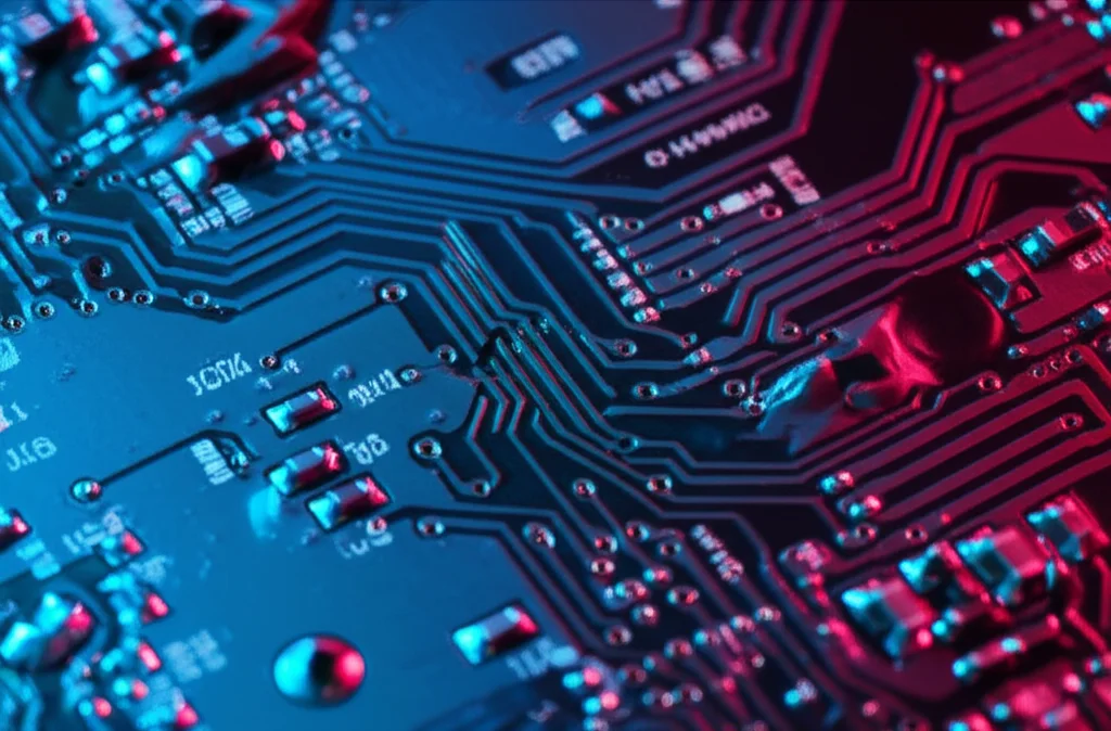 Fotografia macro di un circuito stampato illuminato da luci blu e rosse, con alcune piste interrotte o deviate a simboleggiare un attacco digitale, obiettivo macro 100mm, alta definizione, illuminazione controllata.