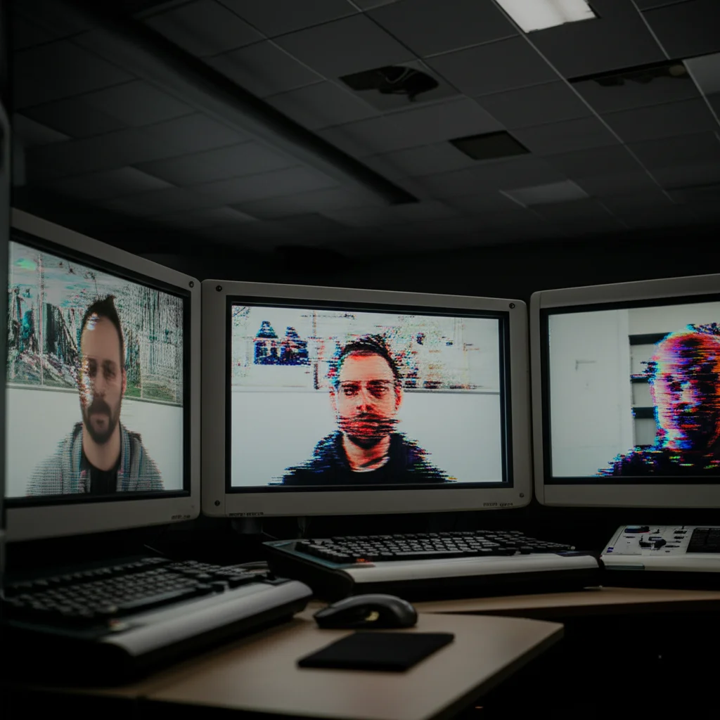 Immagine grandangolare di una control room buia illuminata solo da schermi multipli che mostrano feed video di sorveglianza; uno schermo centrale mostra un volto umano con artefatti digitali o glitch, obiettivo grandangolare 14mm, lunga esposizione per scie luminose, messa a fuoco nitida sugli schermi.