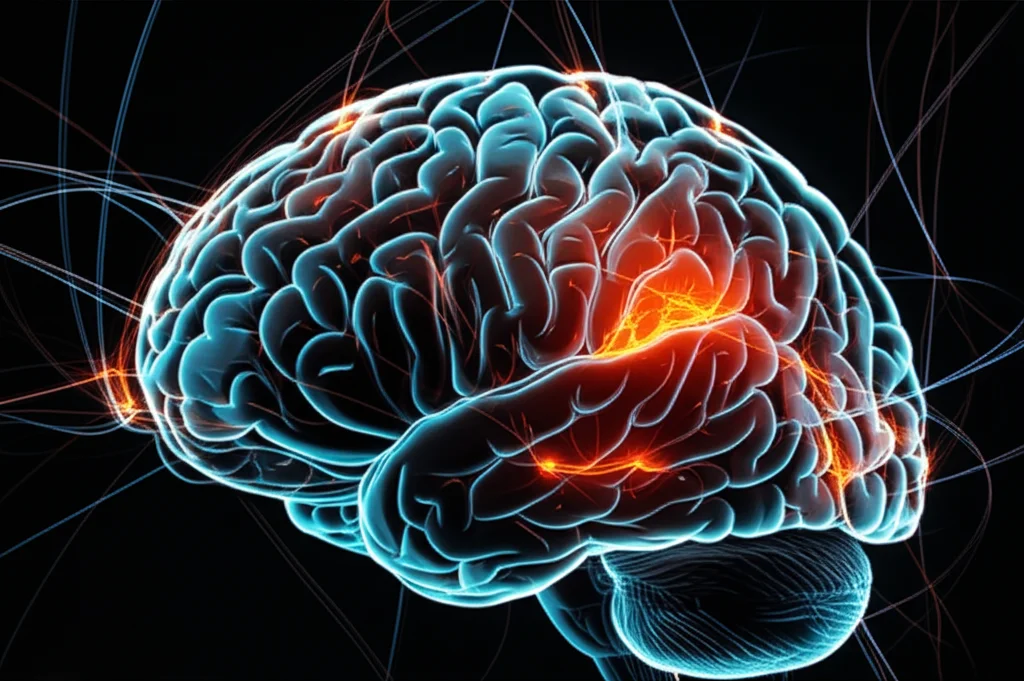 Immagine medica astratta che mostra la complessità del cervello umano con aree illuminate a rappresentare l'attività neuronale e zone d'ombra per l'infarto, obiettivo macro 85mm, illuminazione controllata ad alto dettaglio.