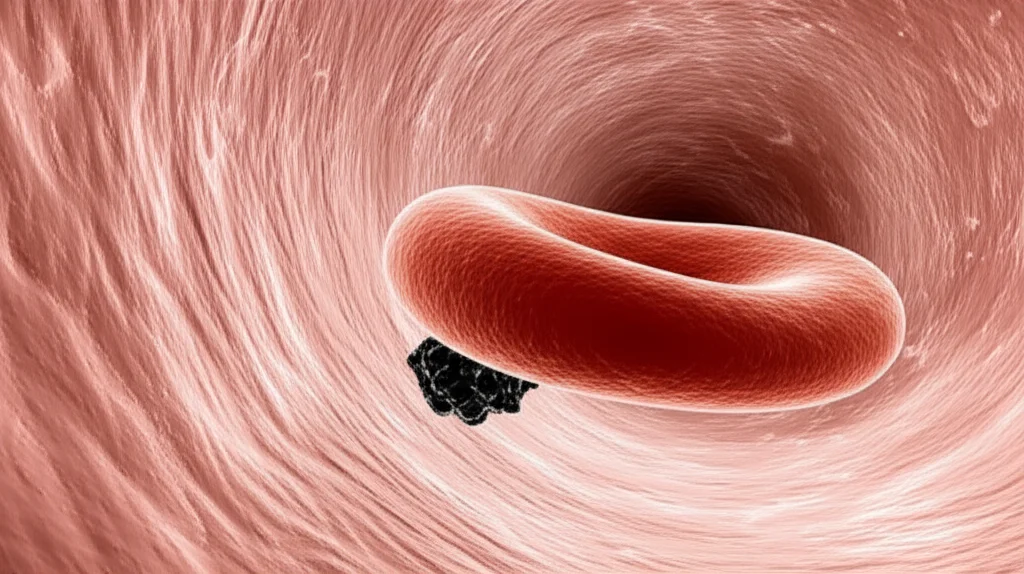 Visualizzazione grafica 3D di un coagulo di sangue (embolo) che viaggia in un'arteria cerebrale, stile fotorealistico medico, illuminazione drammatica, messa a fuoco precisa sul coagulo, obiettivo macro 100mm.