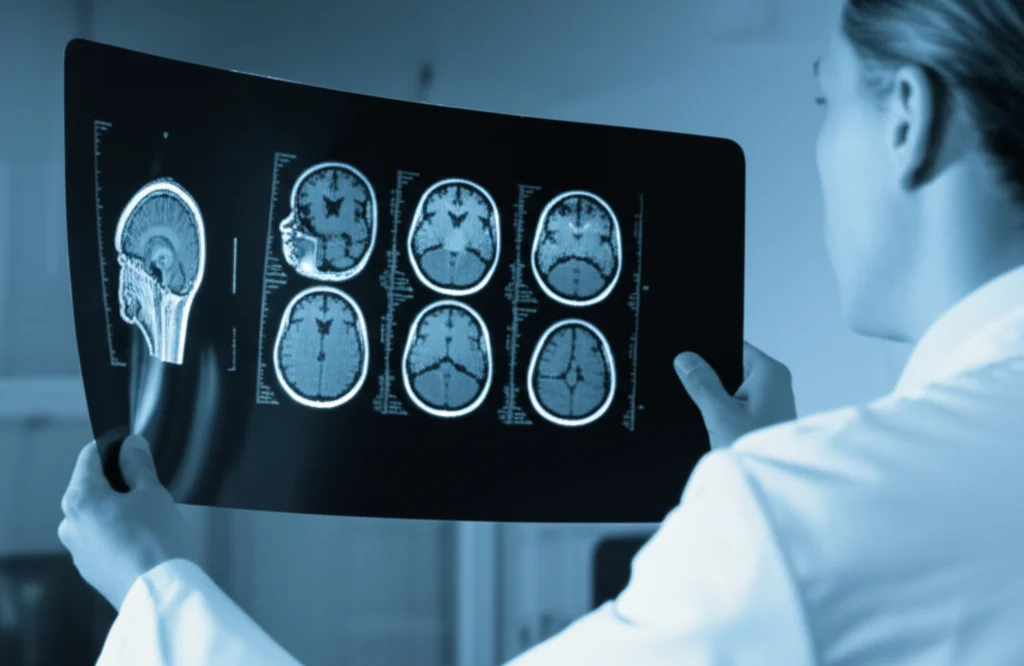 Medico che esamina una scansione cerebrale MRI su uno schermo luminoso in una stanza poco illuminata, concentrato sull'immagine, profondità di campo ridotta per sfocare lo sfondo, fotografia ritratto 35mm, toni blu e grigi duotone.