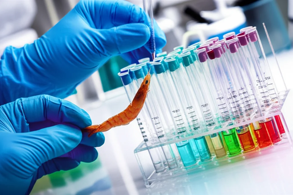 Macro fotografia, 100mm Macro lens, high detail, controlled lighting, che mostra le mani guantate di un tecnico di laboratorio mentre maneggia con cura un campione di gamberetto penaeide accanto a provette contenenti reagenti colorati per l'estrazione del DNA in un ambiente di laboratorio pulito.