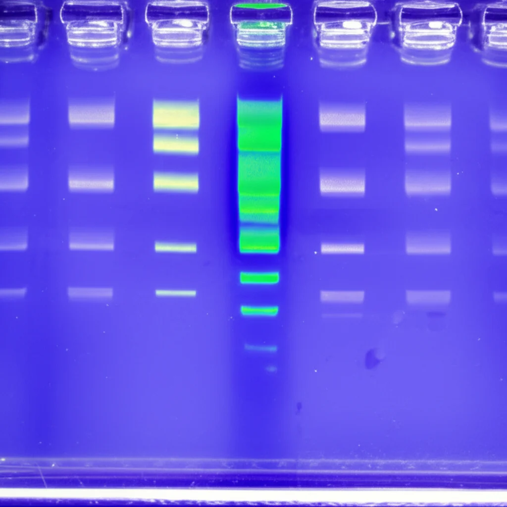 Immagine fotorealistica, macro lens 80mm, high detail, precise focusing, che mostra un gel di agarosio con bande di DNA luminose sotto luce UV, rappresentante i risultati della PCR per il rilevamento del WSSV. Si nota una chiara differenza di intensità e limite di rilevamento tra le corsie corrispondenti ai diversi metodi di estrazione, con la corsia del DMSO che mostra bande fino a diluizioni maggiori.
