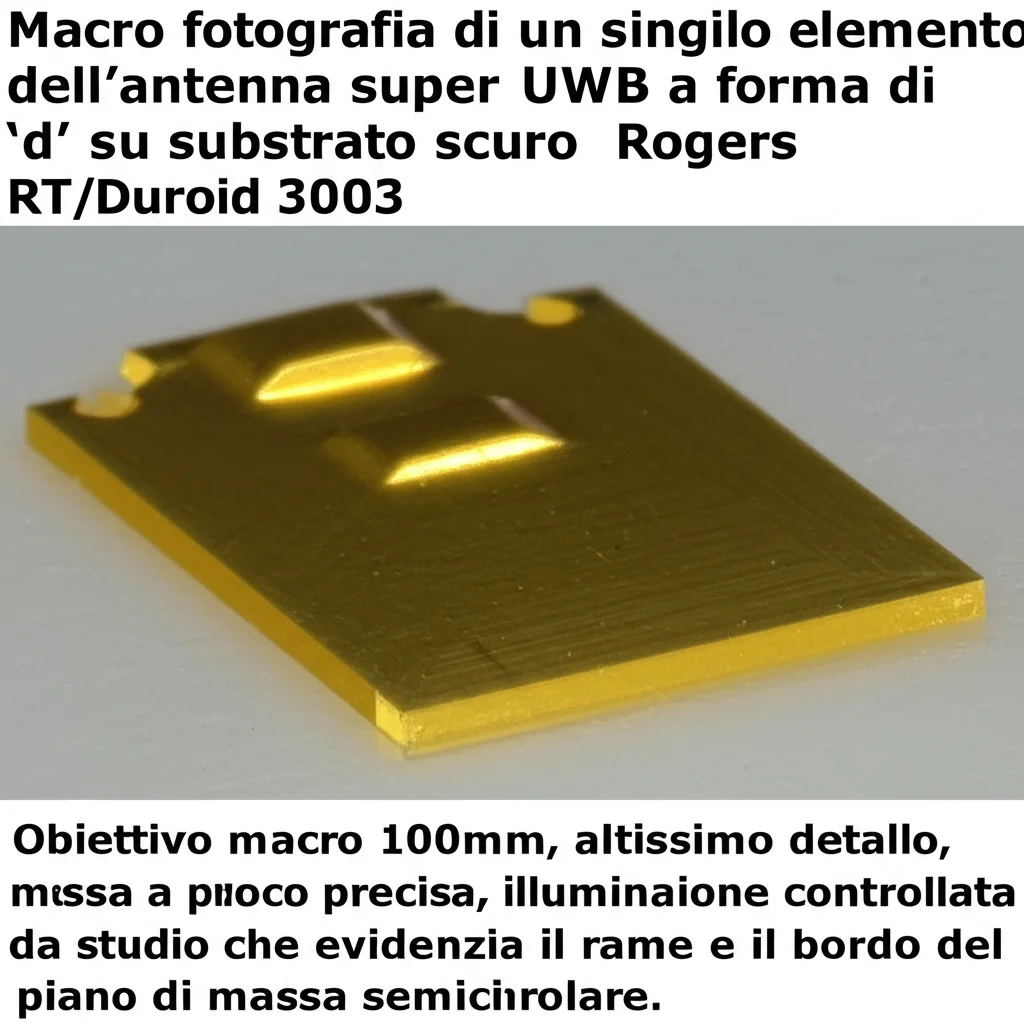 Macro fotografia di un singolo elemento dell'antenna super UWB a forma di 'd' su substrato scuro Rogers RT/Duroid 3003. Obiettivo macro 100mm, altissimo dettaglio, messa a fuoco precisa, illuminazione controllata da studio che evidenzia il patch in rame e il bordo del piano di massa semicircolare.