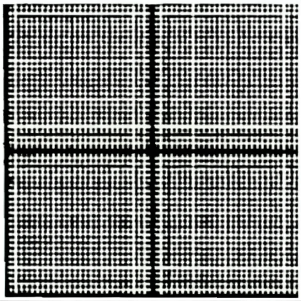 Vista dall'alto, fotografia macro, obiettivo 70mm, che mostra quattro elementi identici dell'antenna a forma di 'd' disposti ortogonalmente su un substrato Rogers 70x70mm. Alto dettaglio, messa a fuoco precisa, illuminazione controllata che enfatizza la simmetria e la sottile striscia di disaccoppiamento tra gli elementi.