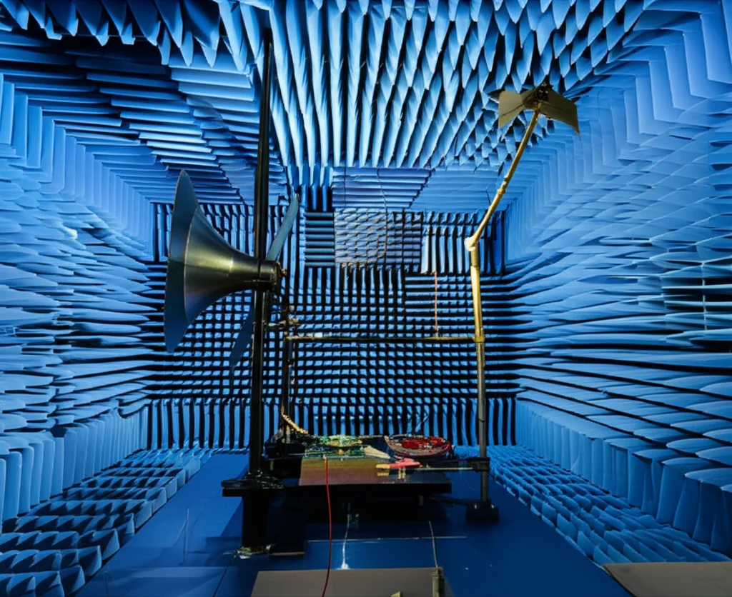 Scatto grandangolare, obiettivo 24mm, all'interno di una camera anecoica. L'antenna MIMO a 4 porte fabbricata è montata su un supporto di test, rivolta verso un'antenna a tromba di riferimento. Messa a fuoco nitida sull'allestimento dell'antenna, lo sfondo mostra le caratteristiche piramidi di schiuma blu della camera. Illuminazione controllata.