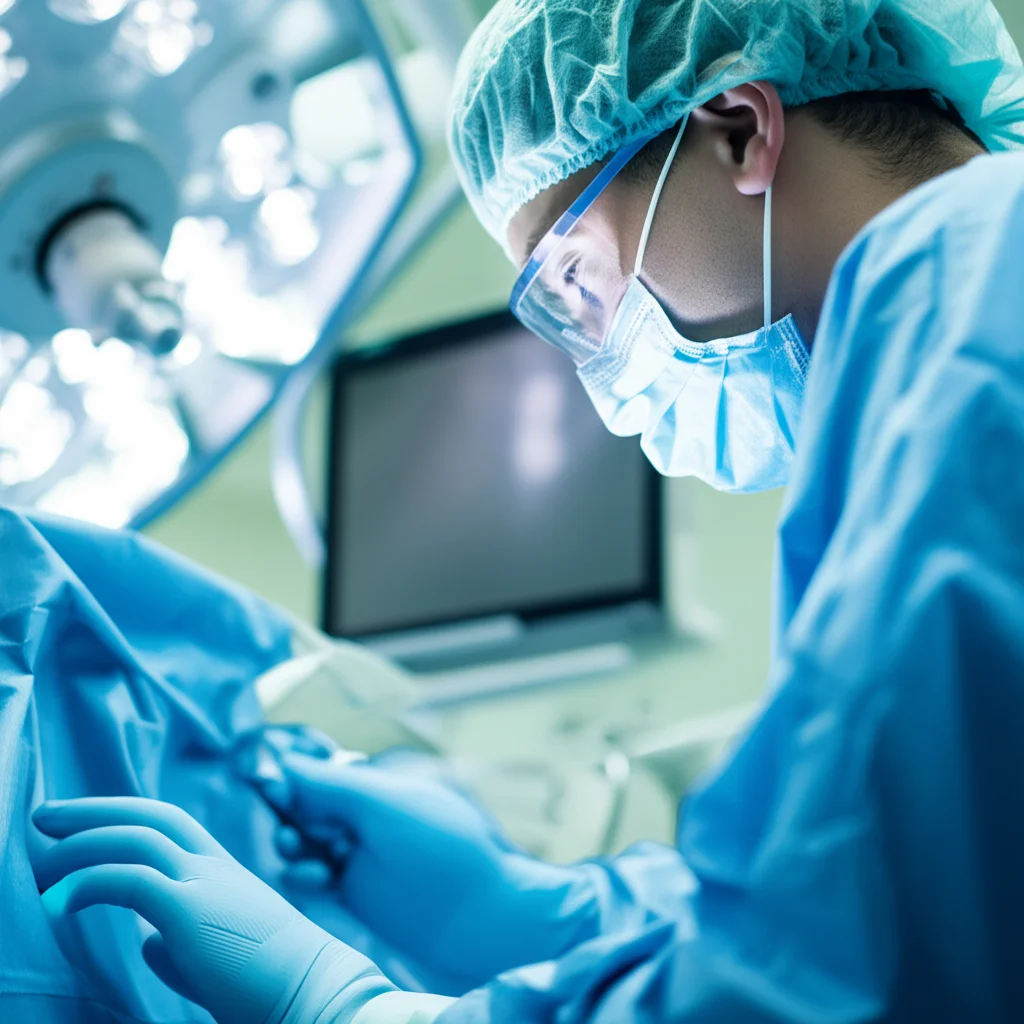 Ritratto, obiettivo 35mm, di un anestesista concentrato che monitora i segni vitali di un paziente su schermi luminosi in una sala operatoria moderna, profondità di campo, toni blu e grigi duotone.