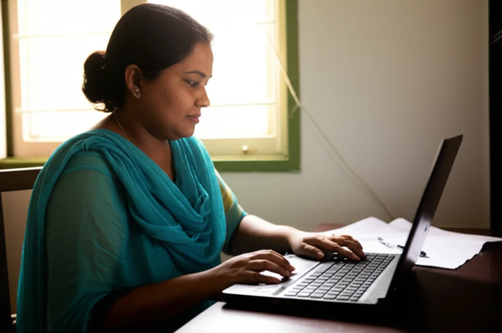 Fotografia realistica di un'operatrice sanitaria bengalese in una clinica comunitaria luminosa ma semplice, mentre inserisce dati su un laptop. Focus sull'interazione tra tecnologia e assistenza sanitaria di base. Obiettivo prime 35mm, profondità di campo ridotta per isolare la figura, luce naturale dalla finestra, colori caldi e accoglienti.