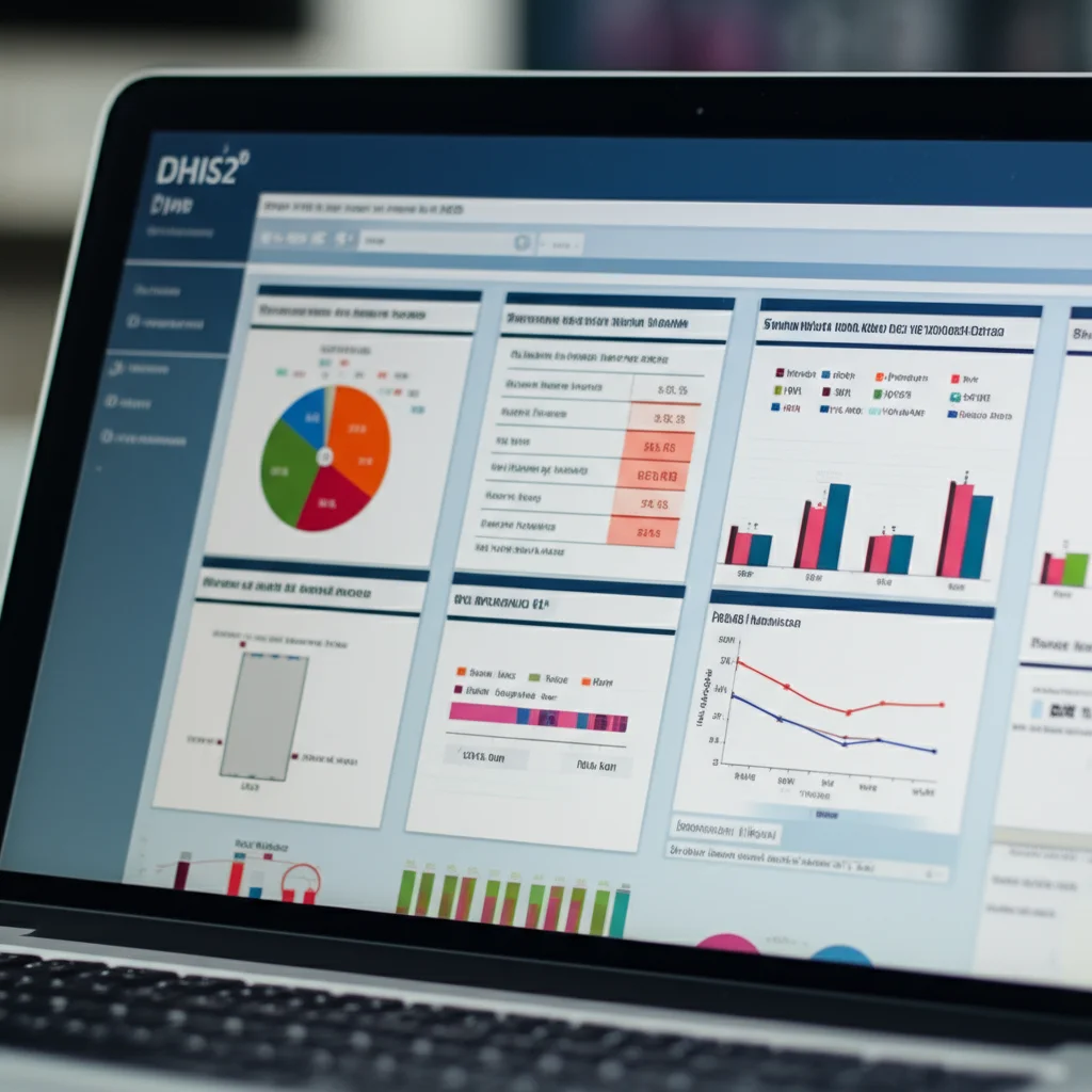 Scatto macro realistico di uno schermo di computer che mostra un dashboard DHIS2 con grafici e indicatori chiave di performance (KPI) relativi allo screening cervicale. Dettagli nitidi sui dati, illuminazione controllata da ufficio, obiettivo macro 100mm, focus preciso sui numeri e grafici.