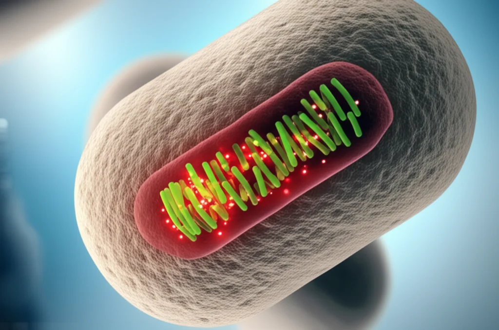 Visualizzazione 3D astratta e fotorealistica di un mitocondrio cellulare con flussi energetici alterati. Frecce blu (glicolisi) e verdi (FAO) convergono verso il mitocondrio, ma le scintille rosse (produzione ATP) sono ridotte. Effetto profondità di campo, illuminazione interna soffusa, stile scientifico-artistico.