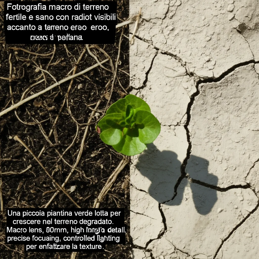 Fotografia macro di terreno fertile e sano con radici visibili accanto a terreno eroso, secco e crepato. Una piccola piantina verde lotta per crescere nel terreno degradato. Macro lens, 80mm, high detail, precise focusing, controlled lighting laterale per enfatizzare la texture.
