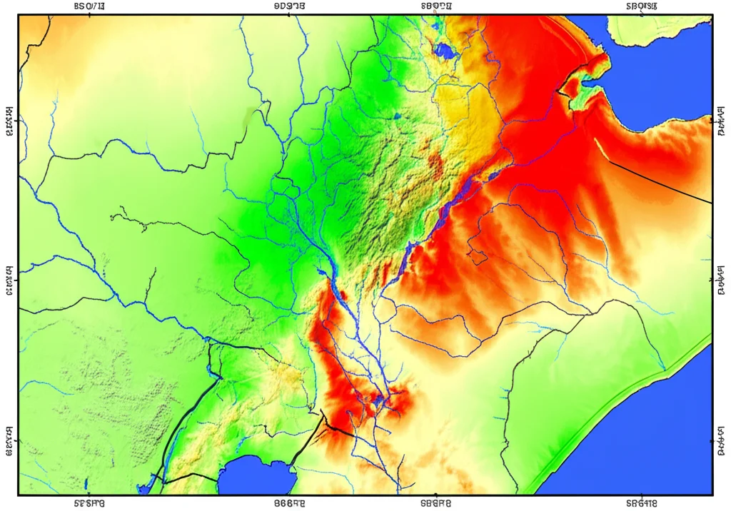 Mappa GIS del bacino del fiume Awash che mostra diverse gradazioni di colore per indicare i livelli di rischio di erosione del suolo, da basso (verde) a estremamente severo (rosso). Sovrapposte ci sono le linee dei fiumi principali. Wide-angle view, sharp focus, stile cartografico chiaro.
