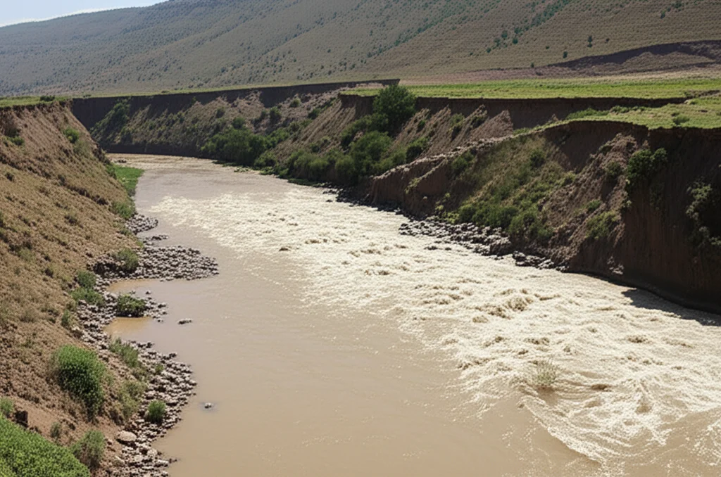 Fotografia di un fiume nel bacino dell'Awash con acqua marrone e torbida a causa dell'alto carico di sedimenti. Sulle rive si notano segni evidenti di erosione. Telephoto zoom 200mm, fast shutter speed per catturare il movimento dell'acqua, luce diurna intensa.