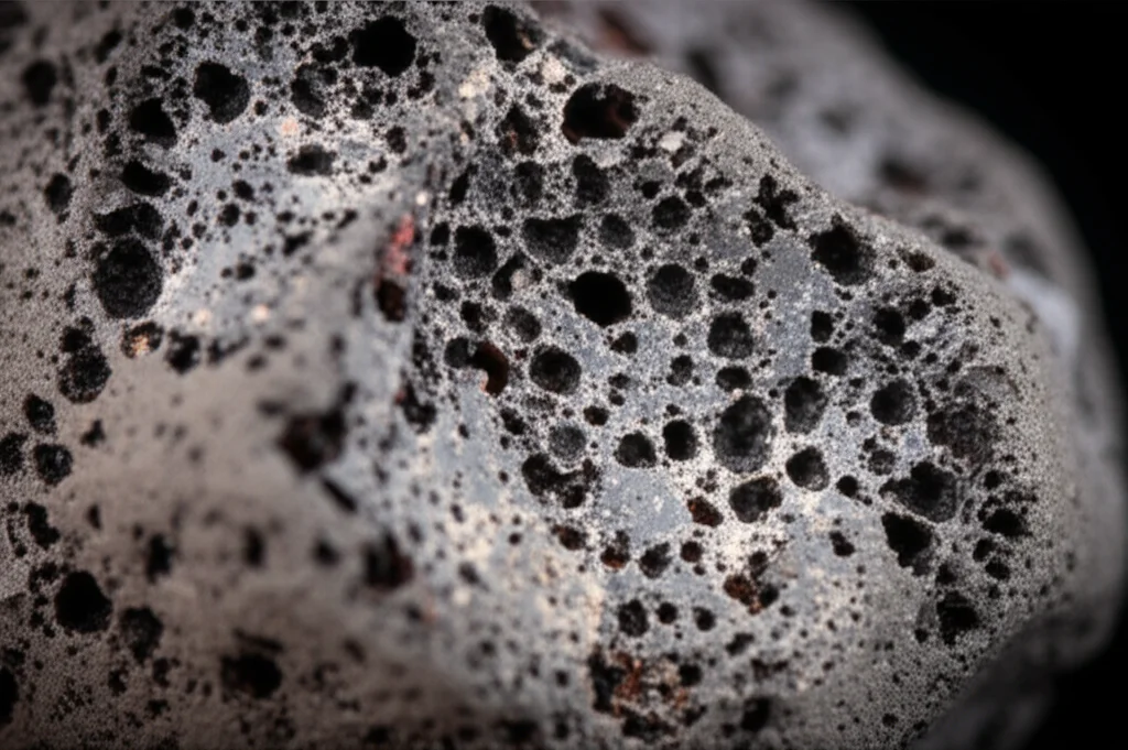 Fotografia macro di un campione di lava basaltica scura e vetrosa appena solidificata dall'eruzione del Mauna Loa del 2022, illuminazione controllata per evidenziare la texture a bolle fini, obiettivo macro 90mm, alta definizione, messa a fuoco precisa sui cristalli incipienti.