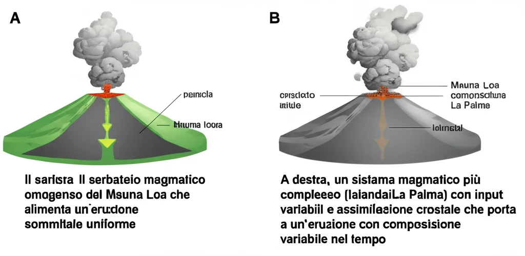 Diagramma comparativo stilizzato: a sinistra, il serbatoio magmatico omogeneo del Mauna Loa che alimenta un'eruzione sommitale uniforme. A destra, un sistema magmatico più complesso (Islanda/La Palma) con input variabili e assimilazione crostale che porta a un'eruzione con composizione variabile nel tempo. Stile infografica scientifica, resa fotorealistica.