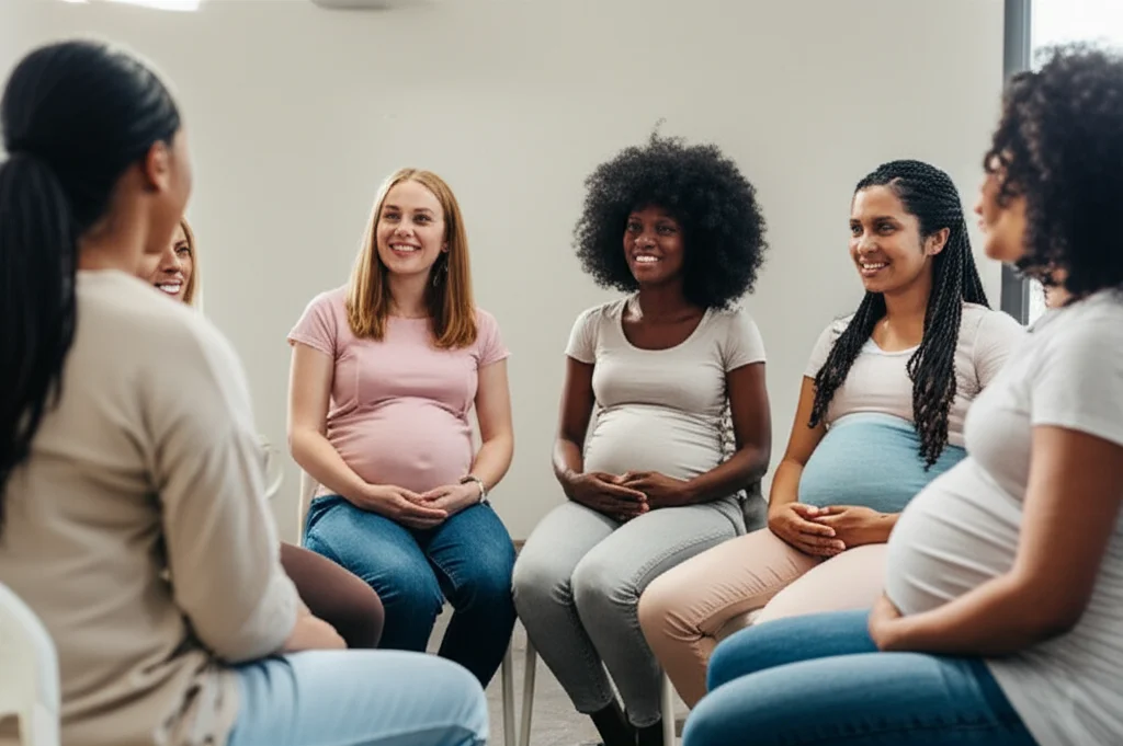 Fotografia di ritratto di un gruppo diversificato di donne incinte sedute comodamente in cerchio durante un corso preparto. L'ambiente è luminoso e accogliente. Le donne ascoltano attentamente un'istruttrice fuori campo, alcune sorridono, altre hanno espressioni concentrate ma serene. Obiettivo 35mm, luce naturale morbida, profondità di campo media per mantenere a fuoco il gruppo ma sfocare leggermente lo sfondo. Toni caldi.