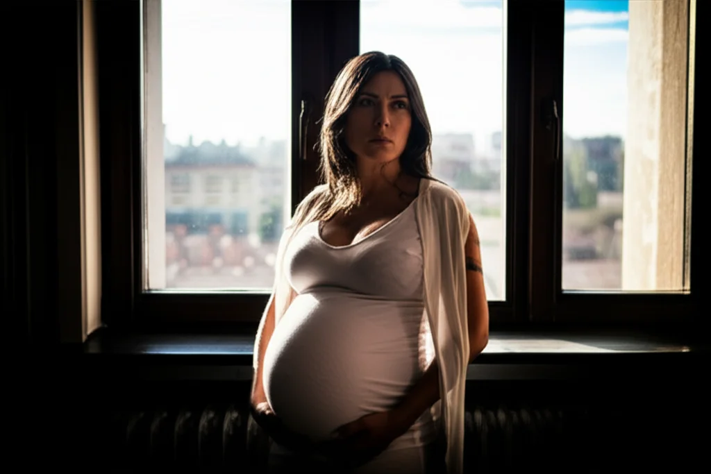 Ritratto di una donna incinta (sui 30 anni, primipara) in piedi vicino a una finestra, guarda fuori con un'espressione pensierosa ma serena e forte. Luce naturale laterale che illumina metà del viso. Obiettivo 50mm prime, profondità di campo ridotta per sfocare lo sfondo esterno. L'immagine evoca resilienza interiore, calma e contemplazione positiva verso il futuro. Toni leggermente desaturati.