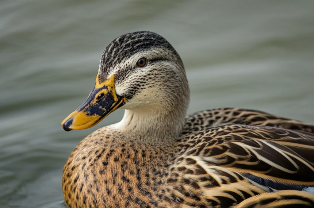 Fotografia macro di un'anatra dall'aspetto malato in un allevamento, obiettivo macro 90mm, illuminazione controllata, alta definizione, che mostra segni di letargia e piumaggio arruffato, simboleggiando l'impatto del DTMUV.