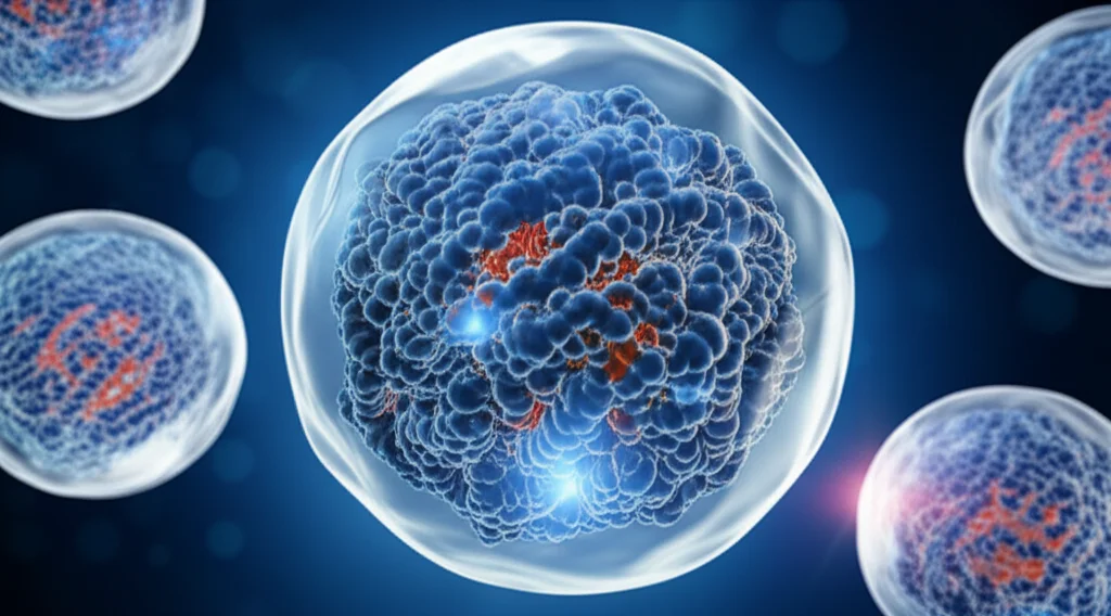 Visualizzazione scientifica astratta di nanoparticelle lipidiche (LNP) che incapsulano filamenti di mRNA, sfondo blu scuro con elementi luminosi, illuminazione drammatica, alta definizione, che rappresenta la tecnologia di delivery del vaccino.