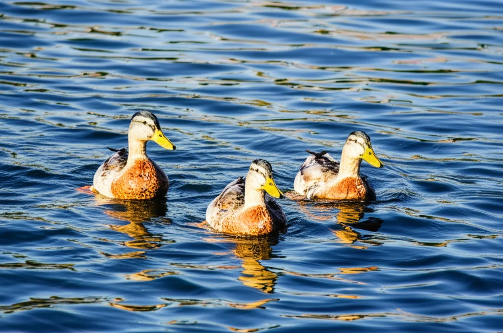 Fotografia di gruppo di anatre sane e attive che sguazzano in uno stagno pulito sotto la luce del sole, obiettivo zoom 35mm, luce naturale brillante, profondità di campo media, che simboleggia la protezione efficace del vaccino mRNA.