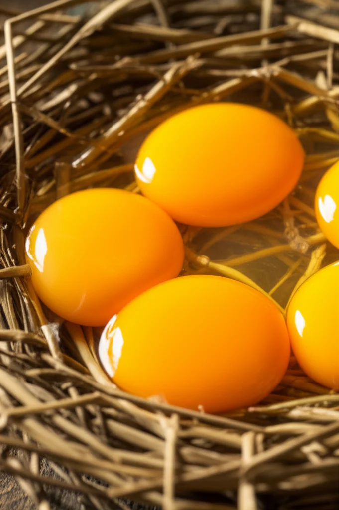 Fotografia macro di tuorli d'uovo di anatra luminosi e sani in un cestino di paglia, obiettivo macro 100mm, messa a fuoco precisa sui tuorli, illuminazione morbida e calda, che simboleggia il trasferimento di anticorpi materni e la salute della prossima generazione.