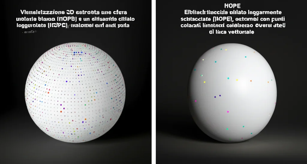 Visualizzazione 3D astratta che confronta una sfera unitaria bianca (HOPS) e un ellissoide oblato leggermente schiacciato (HOPE), entrambi con punti colorati luminosi sulla superficie che rappresentano diversi stati di luce vettoriale. Illuminazione da studio controllata, rendering fotorealistico ad alto dettaglio, sfondo scuro minimalista.