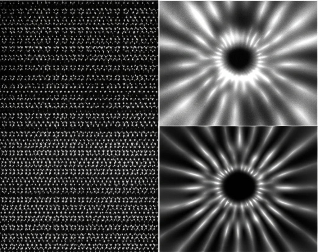 Simulazione scientifica fotorealistica che mostra la distribuzione di intensità (sinistra) e fase (destra) di un fascio laser Ince-Gauss ellittico (parametri p=7, m=5, ε=5) proiettato su uno schermo nero. Pattern di lobi luminosi ellittici e vortici di fase chiaramente visibili. Macro lens, 100mm, high detail, controlled lighting.