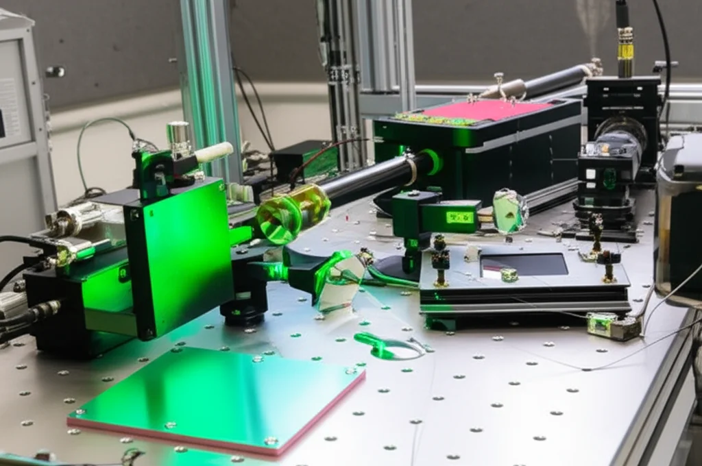 Fotografia di un setup ottico sperimentale complesso su un banco ottico in un laboratorio di ricerca scarsamente illuminato. Si vedono un laser verde (532nm), lenti, specchi, un modulatore spaziale di luce (SLM) acceso, beam splitter e una telecamera CMOS alla fine del percorso ottico. Messa a fuoco precisa sui componenti chiave, illuminazione d'ambiente controllata con riflessi sui componenti metallici, stile still life scientifico, 60mm macro lens.