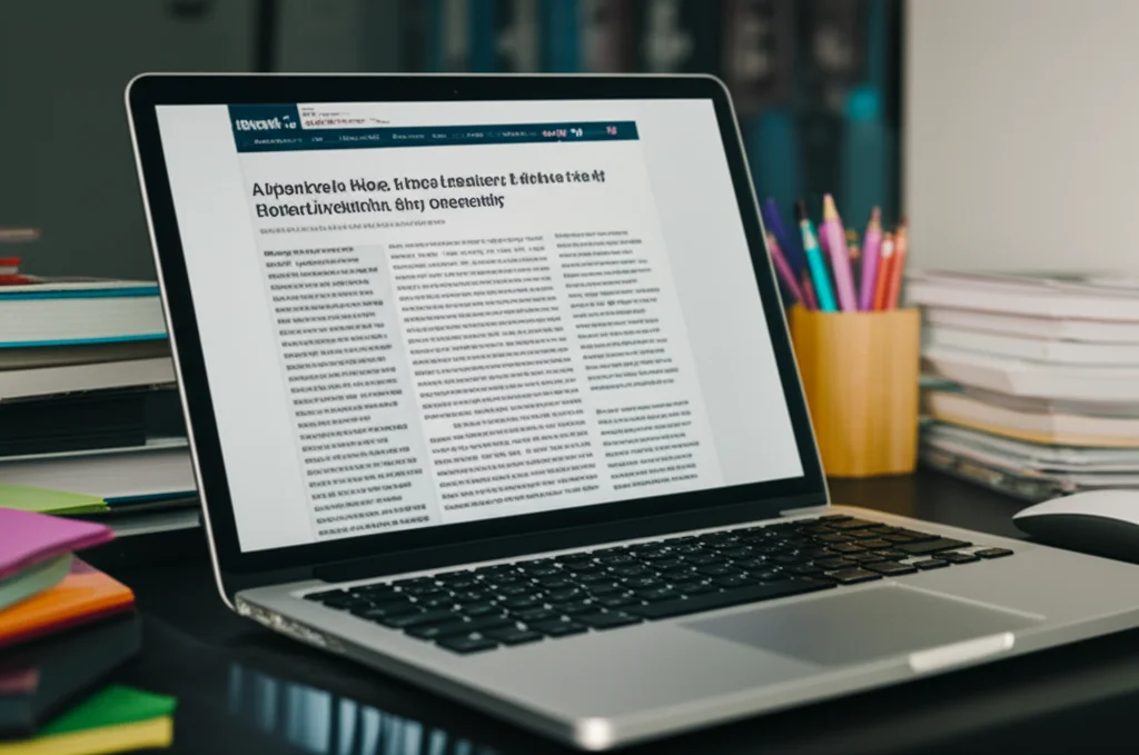 Fotografia di una scrivania accademica con un computer portatile aperto sulle linee guida di una rivista scientifica. Accanto, pile di libri e articoli stampati. Luce da studio controllata, obiettivo prime 35mm, profondità di campo ridotta per mettere a fuoco lo schermo del laptop, atmosfera concentrata e intellettuale.