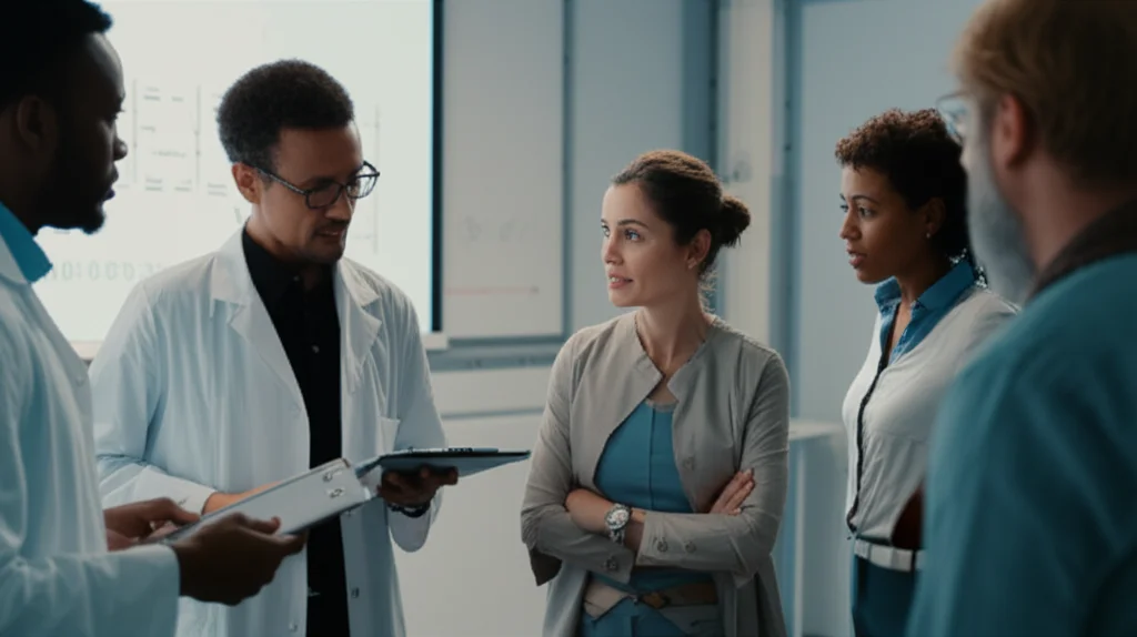 Immagine fotorealistica di un gruppo diversificato di ricercatori (uomini e donne di diverse etnie) durante una discussione accesa ma costruttiva in una sala conferenze luminosa. Teleobiettivo zoom 100-400mm per catturare l'interazione, fast shutter speed per congelare il momento, focus sull'espressione attenta di una ricercatrice.