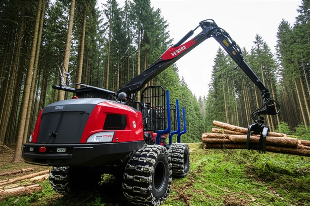 Fotografia di un forwarder HSM 208F al lavoro in una foresta durante un test sul campo. La macchina è equipaggiata con un computer industriale visibile (Lenovo ThinkEdge SE50) e antenne aggiuntive. Movimento del braccio meccanico che carica tronchi, luce naturale del giorno, obiettivo teleobiettivo zoom 150mm, tracciamento del movimento.
