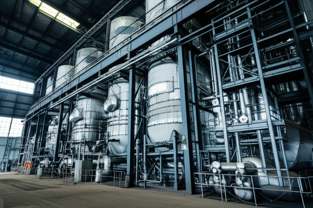 Fotografia industriale di una grande caldaia a carbone in una centrale chimica, vista ampia con tubazioni e strutture metalliche imponenti, ambiente operativo realistico con leggero vapore, obiettivo grandangolare 24mm, messa a fuoco nitida su tutta la scena.