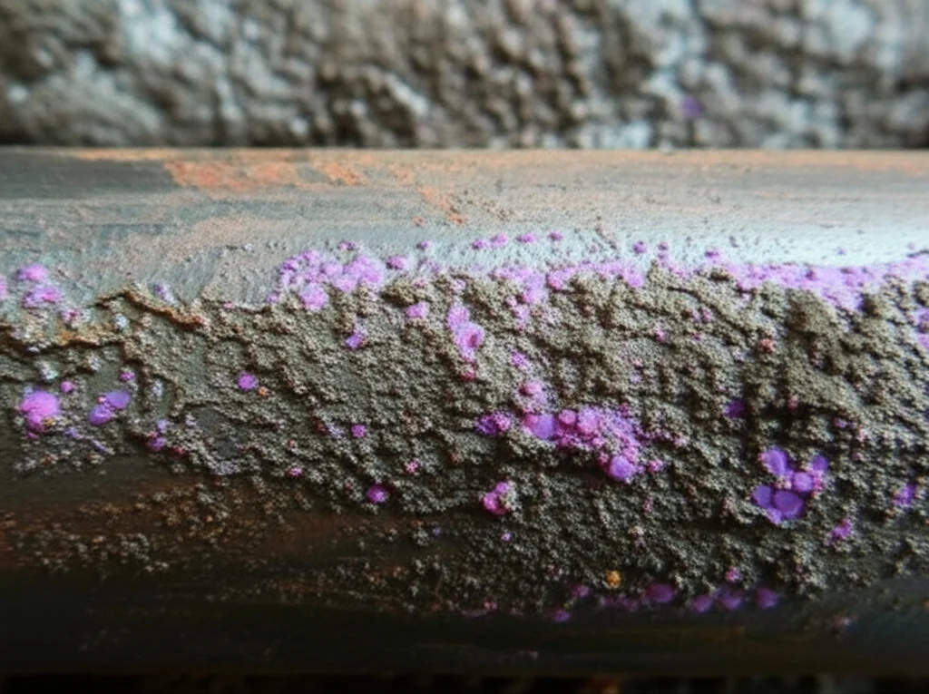 Macro fotografia, obiettivo 90mm, alto dettaglio, illuminazione controllata, che mostra un biofilm corrosivo in crescita sulla superficie di una sezione di tubo in acciaio al carbonio scuro e vaiolato, parzialmente interrato in fango di drenaggio umido e scuro.