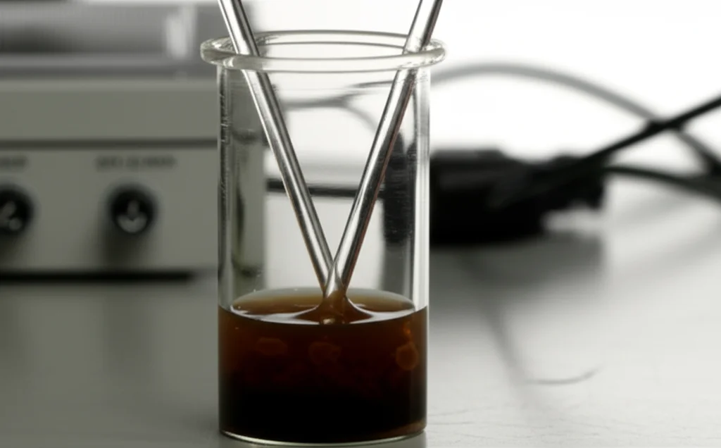 Natura morta, obiettivo macro 70mm, messa a fuoco precisa, illuminazione controllata, primo piano di una piccola fiala di vetro (il kit di test biofilm/MIC) contenente fango scuro con elettrodi immersi, collegati da fili a un dispositivo potenziostato parzialmente visibile sullo sfondo.