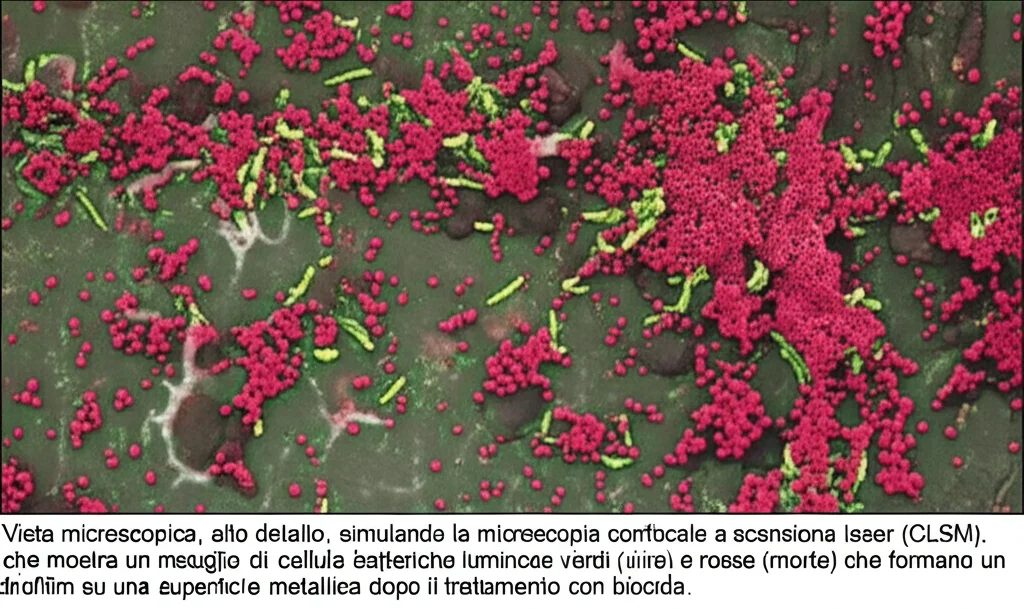 Vista microscopica, alto dettaglio, simulando la microscopia confocale a scansione laser (CLSM), che mostra un miscuglio di cellule batteriche luminose verdi (vive) e rosse (morte) che formano un biofilm su una superficie metallica dopo il trattamento con biocida.