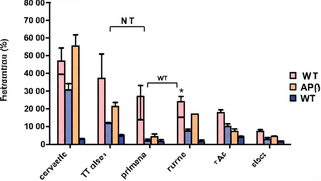Grafico scientifico fotorealistico che mostra un aumento significativo della concentrazione di anticorpi nel cervello (barre più alte per varianti Fc rispetto a WT) e una corrispondente migliore risposta farmacodinamica (es. riduzione di Aβ, barre più basse) in topi o primati non umani. Stile grafico a barre, alta definizione, etichette chiare, colori contrastanti.