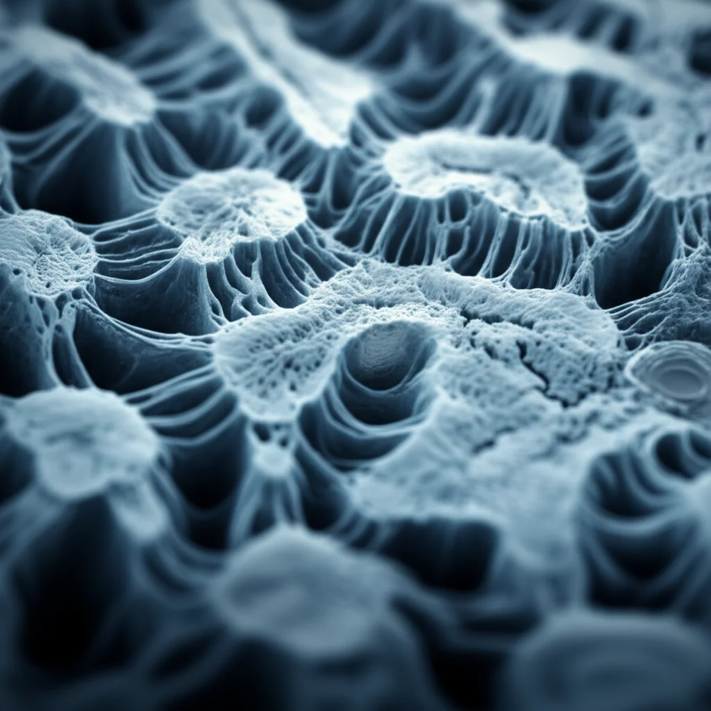 35mm portrait, blue and grey duotones, abstract image representing the complexity of a healthy placenta contrasted with cellular dysfunction, depth of field.