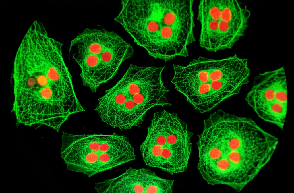 Microscope view of cells with fluorescent markers showing GPCR activity, macro lens, 100mm, high detail, precise focusing, controlled lighting.