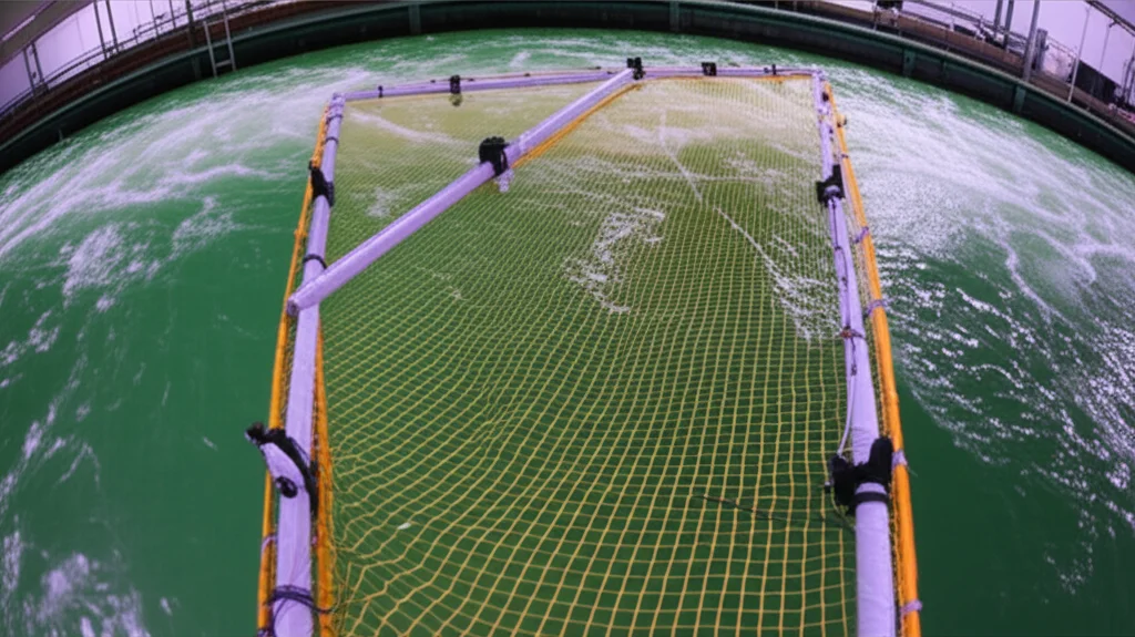 Experimental setup in a large flume tank, wide-angle lens, 10mm, showing a net panel stretched on a frame submerged in flowing water with sensors attached, controlled lighting.