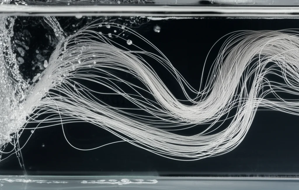 Close-up macro shot, 60mm, of a nylon net twine deforming under water current in a flume tank, showing turbulent flow patterns, high detail, precise focusing, controlled lighting.