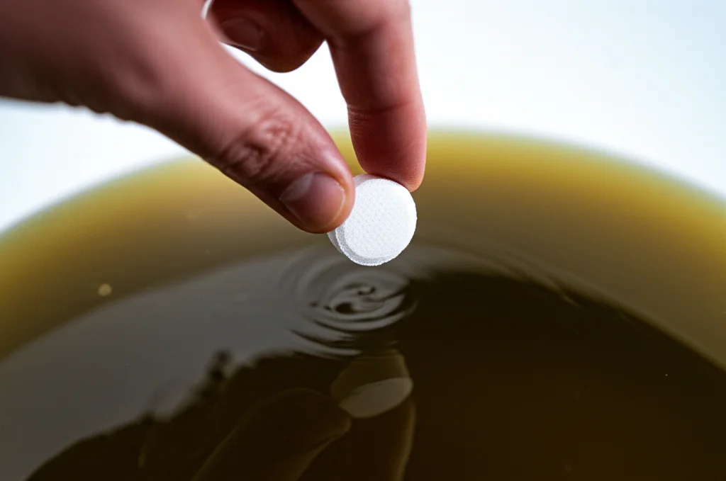 Macro lens photography, 100mm focal length, showing high detail of a hand dropping a chlorine tablet into a container of murky water, with controlled lighting highlighting the contrast between the tablet and the water, symbolizing a temporary intervention.