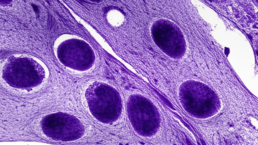 Macro lens, 60mm, high detail, precise focusing, controlled lighting, microscopic view of skin cells, some showing signs of senescence (large nuclei, irregular shape) and high expression of BCL2 protein (indicated by staining), while others appear more normal.