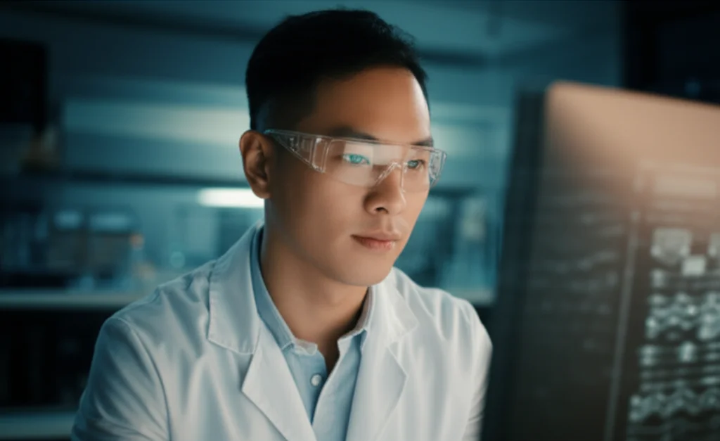35mm portrait, depth of field, a hopeful medical researcher in a lab coat looking intently at a computer screen displaying complex biological data, representing the scientific breakthrough and future potential of the therapy.