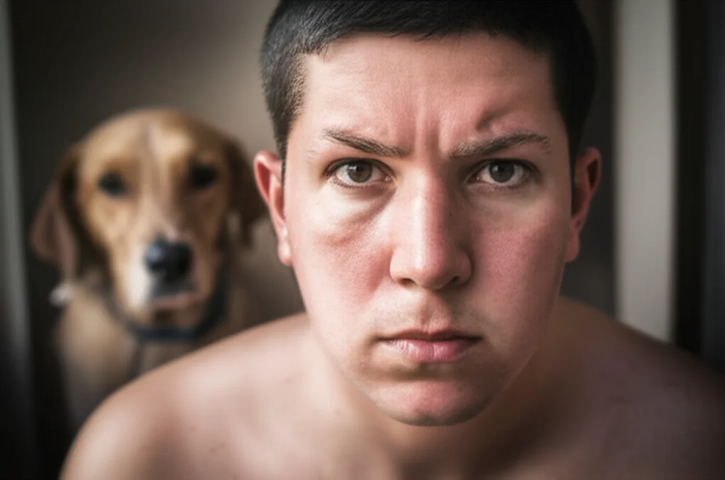 Photorealistic portrait, 35mm lens, close-up of a person looking stressed with furrowed brow, with a dog's worried face slightly blurred in the background, subtle depth of field