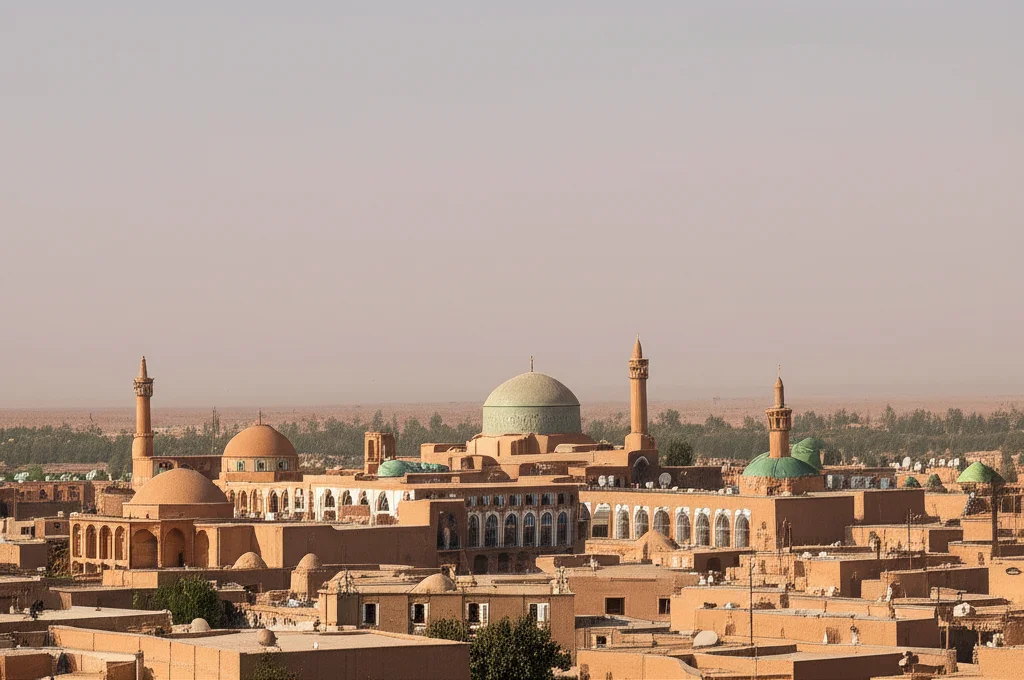 Detailed photorealistic image for generating a wide-angle landscape photo of Dezful, Iran, showing a hot, dry climate with traditional architecture and hazy skies, 24mm lens, sharp focus.