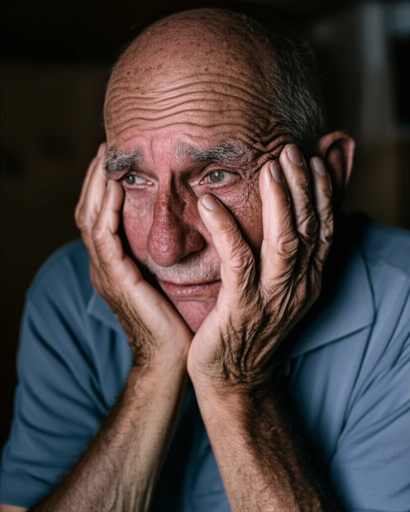 Detailed photorealistic image for generating a portrait photography of an elderly person looking thoughtful or slightly concerned, representing vulnerability to climate extremes, 35mm portrait, depth of field, controlled lighting.