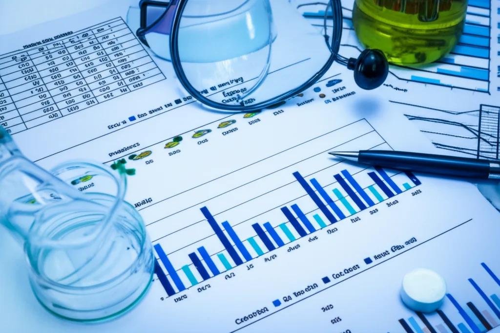 Detailed photorealistic image for generating a still life photo representing scientific research, showing charts, graphs, and maybe weather instruments or medical symbols, macro lens, 60mm, high detail, precise focusing, controlled lighting.