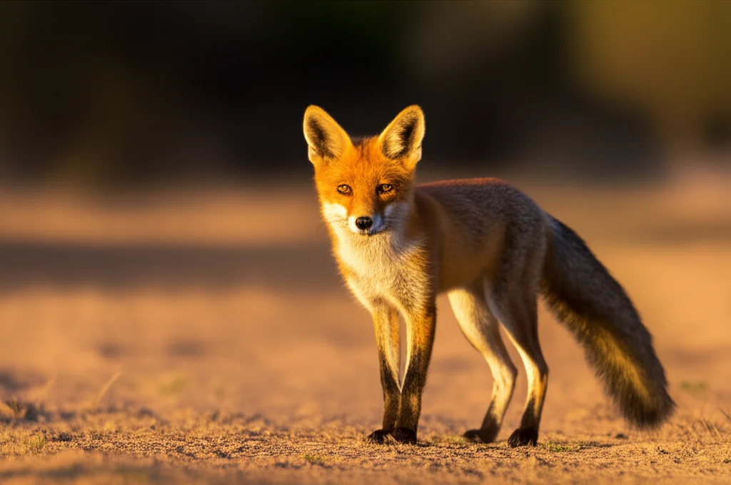 Photorealistic image, telephoto zoom 200mm, fast shutter speed, movement tracking: A European red fox stands alert in the dry, semi-arid landscape of the Australian Wimmera region at dusk.