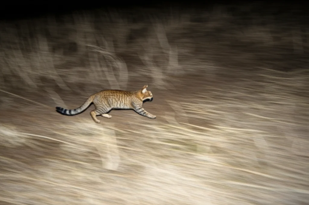 Photorealistic image, telephoto zoom 250mm, fast shutter speed, movement tracking: A feral cat prowling through dry grass in the Australian Wimmera region at night, illuminated by camera flash.